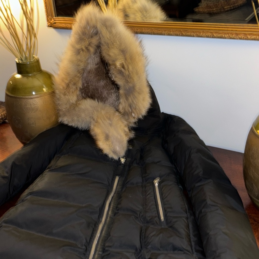 Mackage Black and Brown Puffer Jacket with Faux Fur Trim
